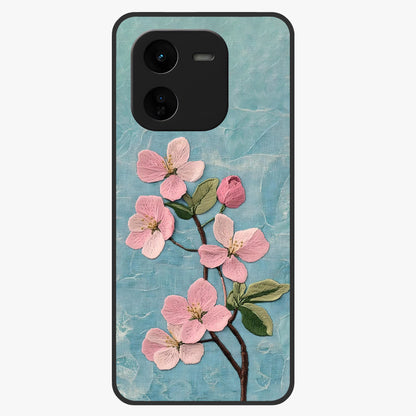 Threaded Blossom Breeze Glass Case showing flat back view with delicate blossom artwork and glossy glass finish.