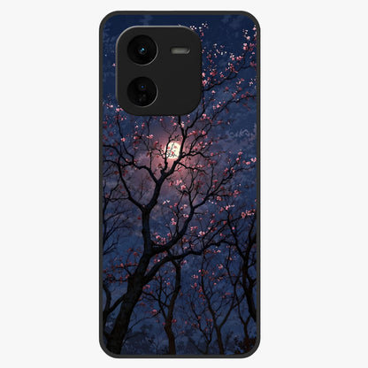 Twilight Sakura Serenade Glass Case showing flat back view with cherry blossom artwork at twilight and glossy glass finish.