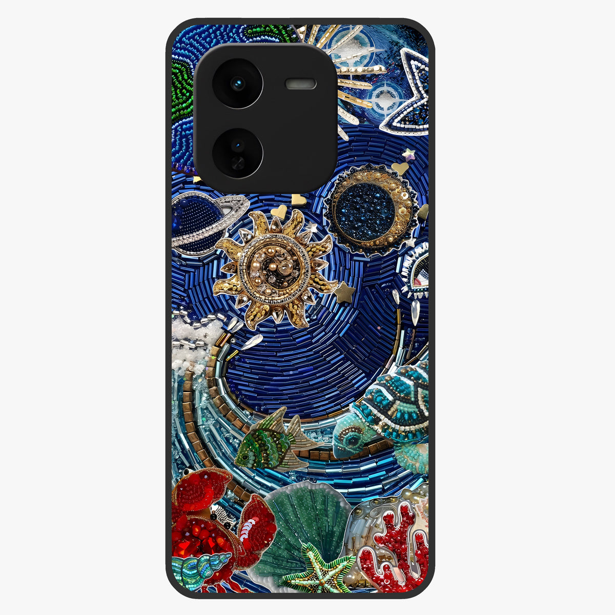 Universe Underwater Spark Glass Case showing flat back view with cosmic underwater themed artwork and glossy glass finish.