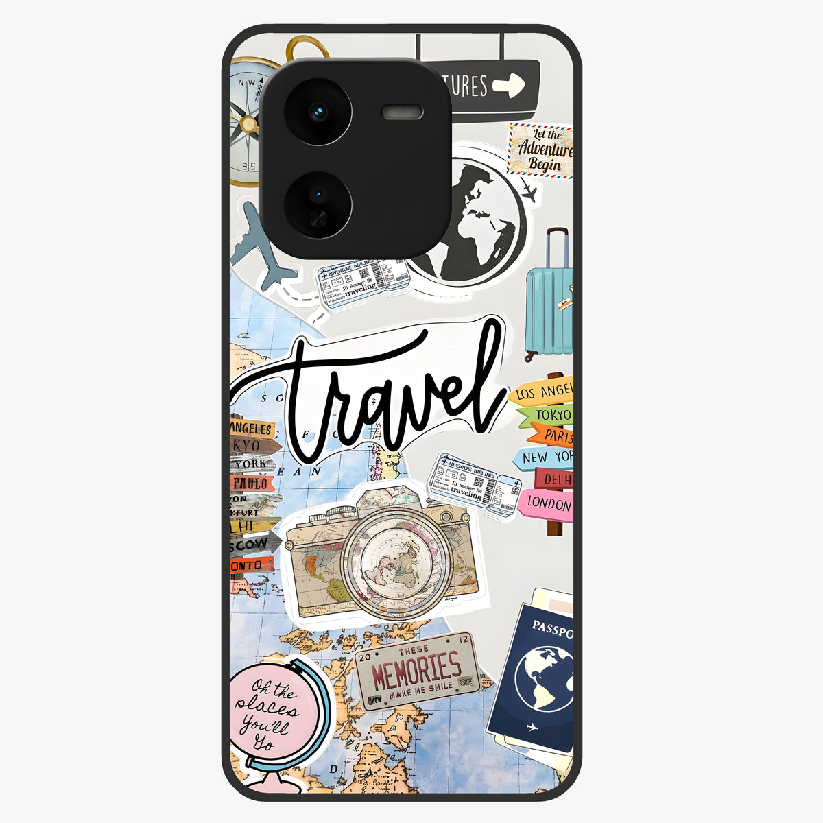 Wanderlust Journal Glass Case showing flat back view with travel inspired artwork and glossy glass finish.