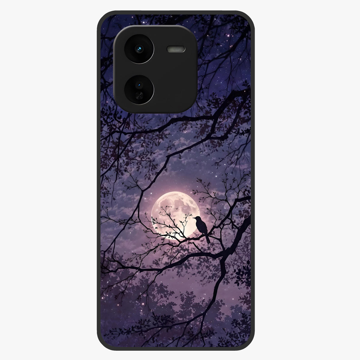 Whispering Moon Silence Glass Case showing flat back view with serene moon themed artwork and glossy glass finish.