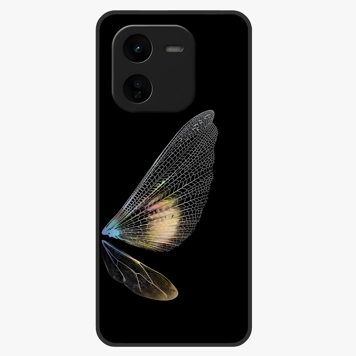 Whispers Of Wings Glass Case showing flat back view with graceful wing inspired artwork and glossy glass finish.