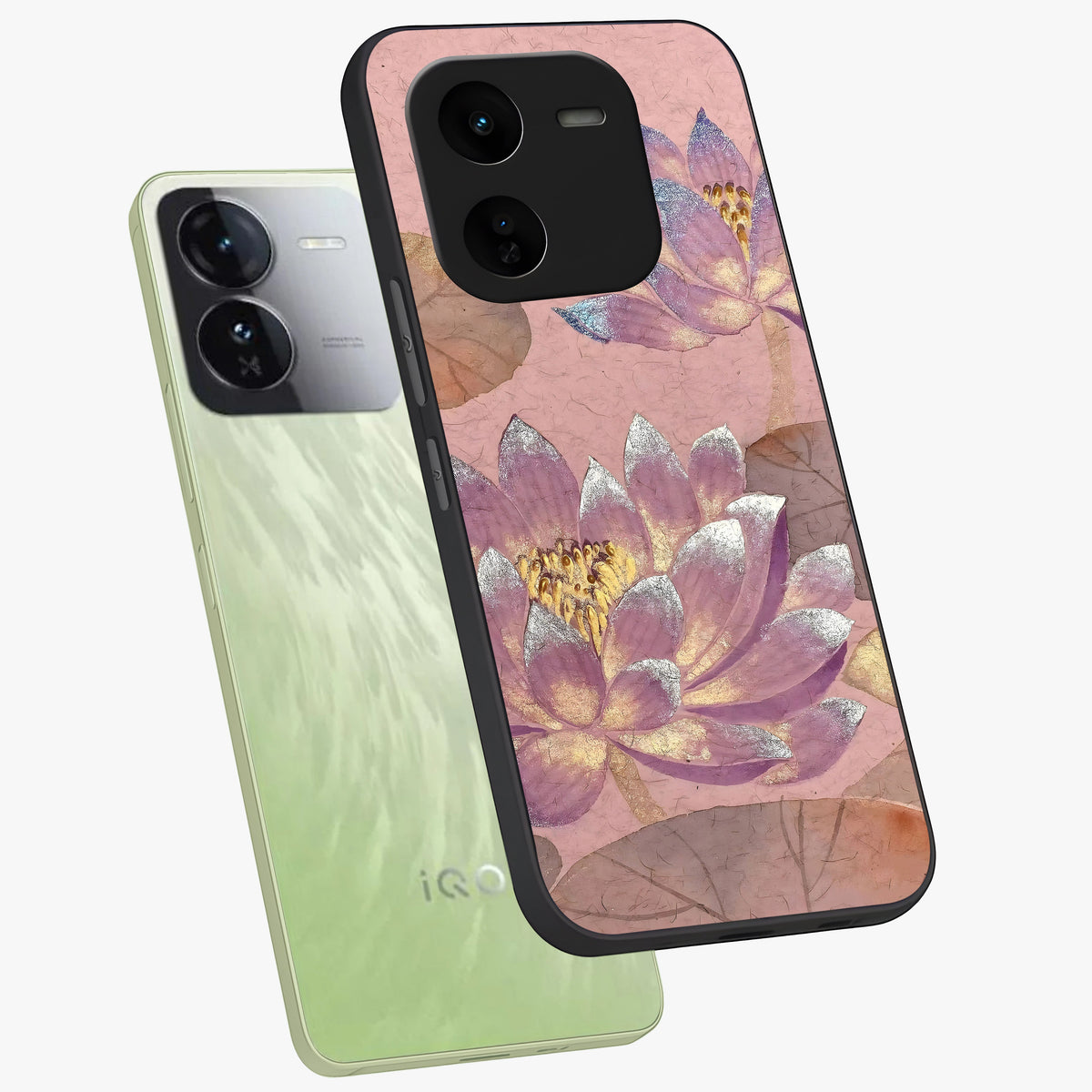 Blossom Mist Lotus Glass Case displayed in angled mockup highlighting delicate lotus illustration with calm aesthetic theme.
