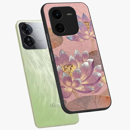 Blossom Mist Lotus Glass Case displayed in angled mockup highlighting delicate lotus illustration with calm aesthetic theme.