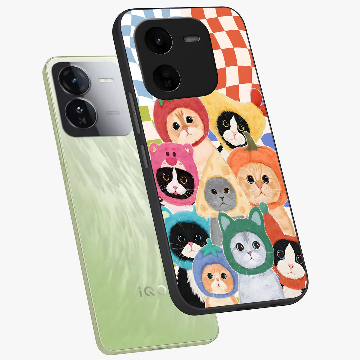 Cats in Fruits Glass Case displayed in angled mockup highlighting cute feline fruit design with colorful aesthetic style.