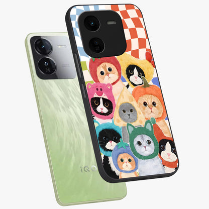 Cats in Fruits Glass Case displayed in angled mockup highlighting cute feline fruit design with colorful aesthetic style.