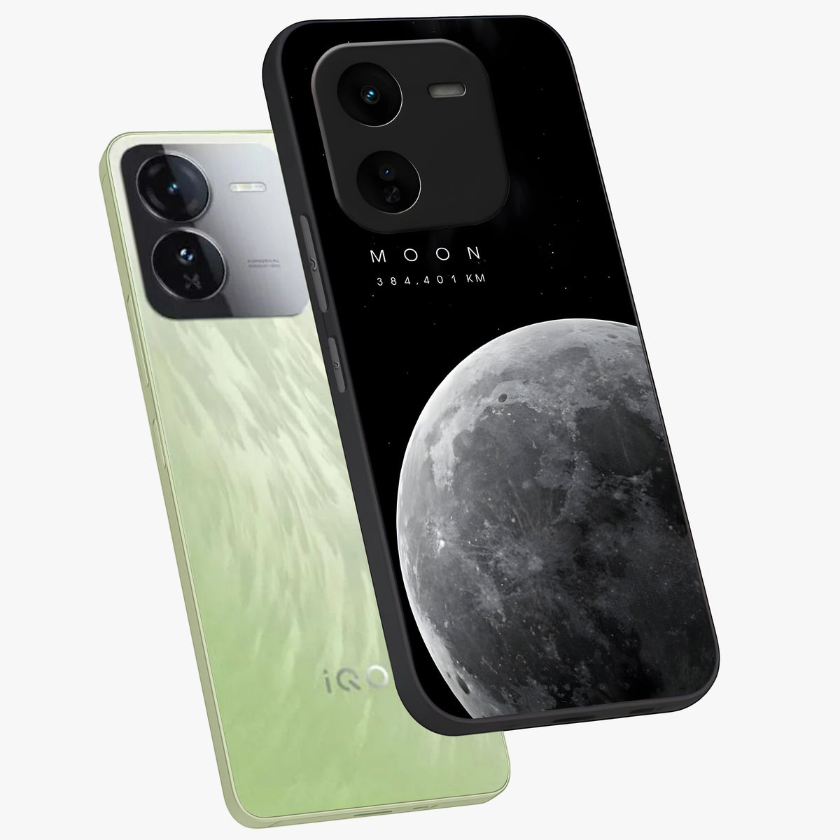 Cosmic Moon Glow Glass Case displayed in angled mockup highlighting celestial moon design with cosmic aesthetic theme.