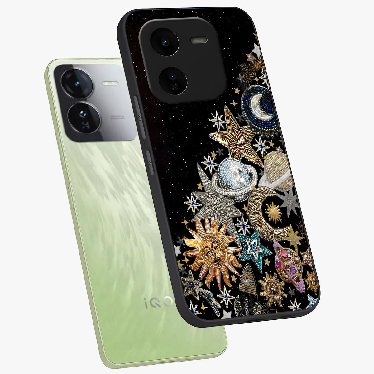 Cosmic Sparkle Dreams Glass Case displayed in angled mockup highlighting dreamy star sparkle design with celestial aesthetic.
