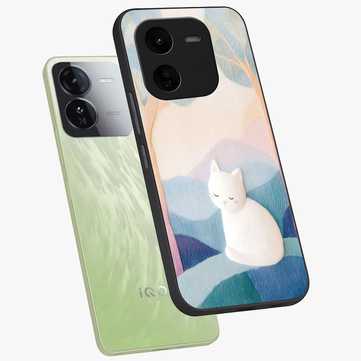 Cotton Dream Cat Glass Case displayed in angled mockup highlighting cute feline illustration with pastel aesthetic style.