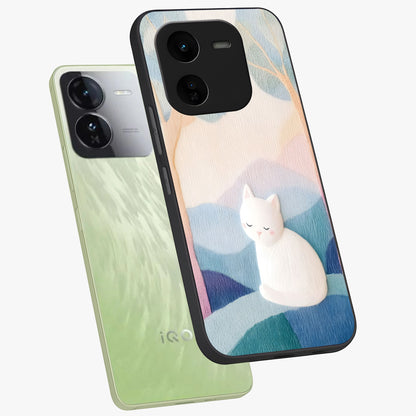 Cotton Dream Cat Glass Case displayed in angled mockup highlighting cute feline illustration with pastel aesthetic style.