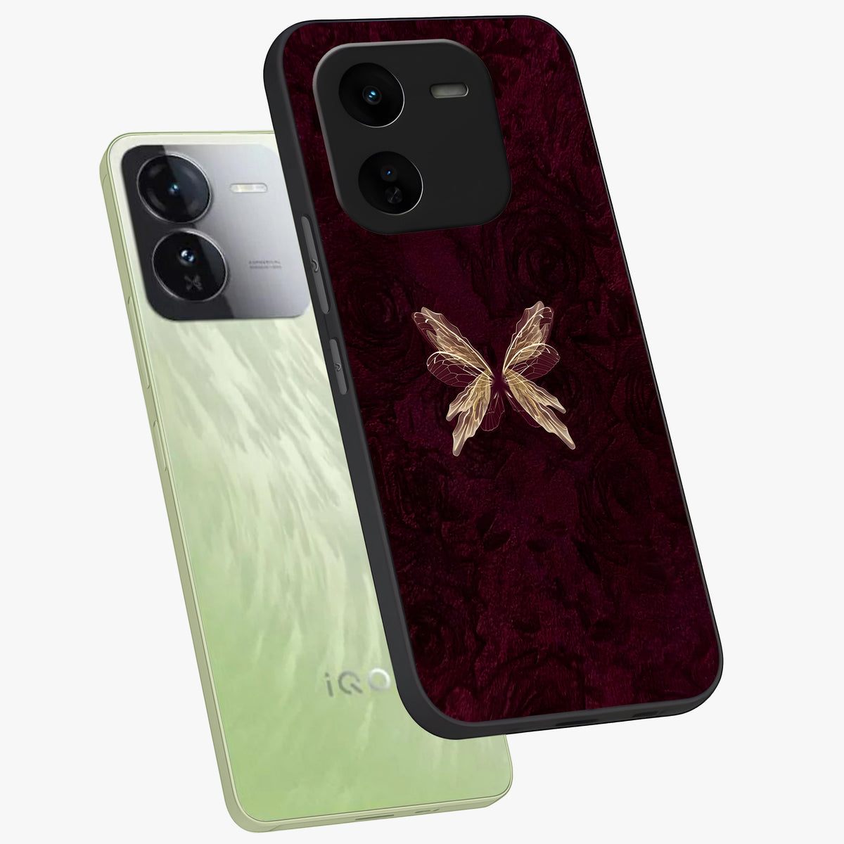 Crimson Fade Butterfly Glass Case displayed in angled mockup highlighting elegant butterfly design with crimson gradient aesthetic.