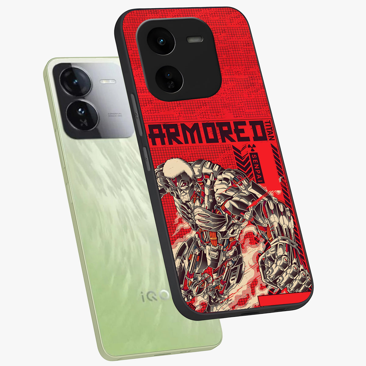 Crimson Mecha Titan Glass Case displayed in angled mockup highlighting futuristic mech illustration with bold crimson aesthetic.