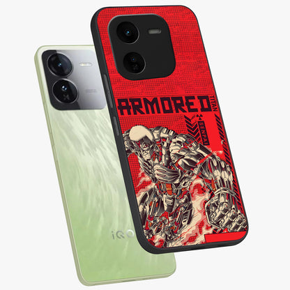 Crimson Mecha Titan Glass Case displayed in angled mockup highlighting futuristic mech illustration with bold crimson aesthetic.