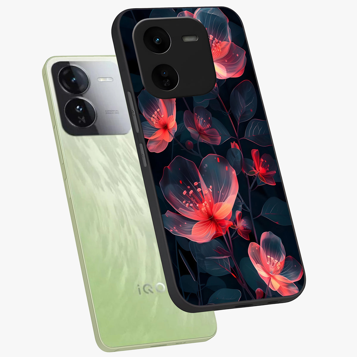 Dark Shade of Flower Glass Case displayed in angled mockup highlighting moody floral illustration with aesthetic dark tones.
