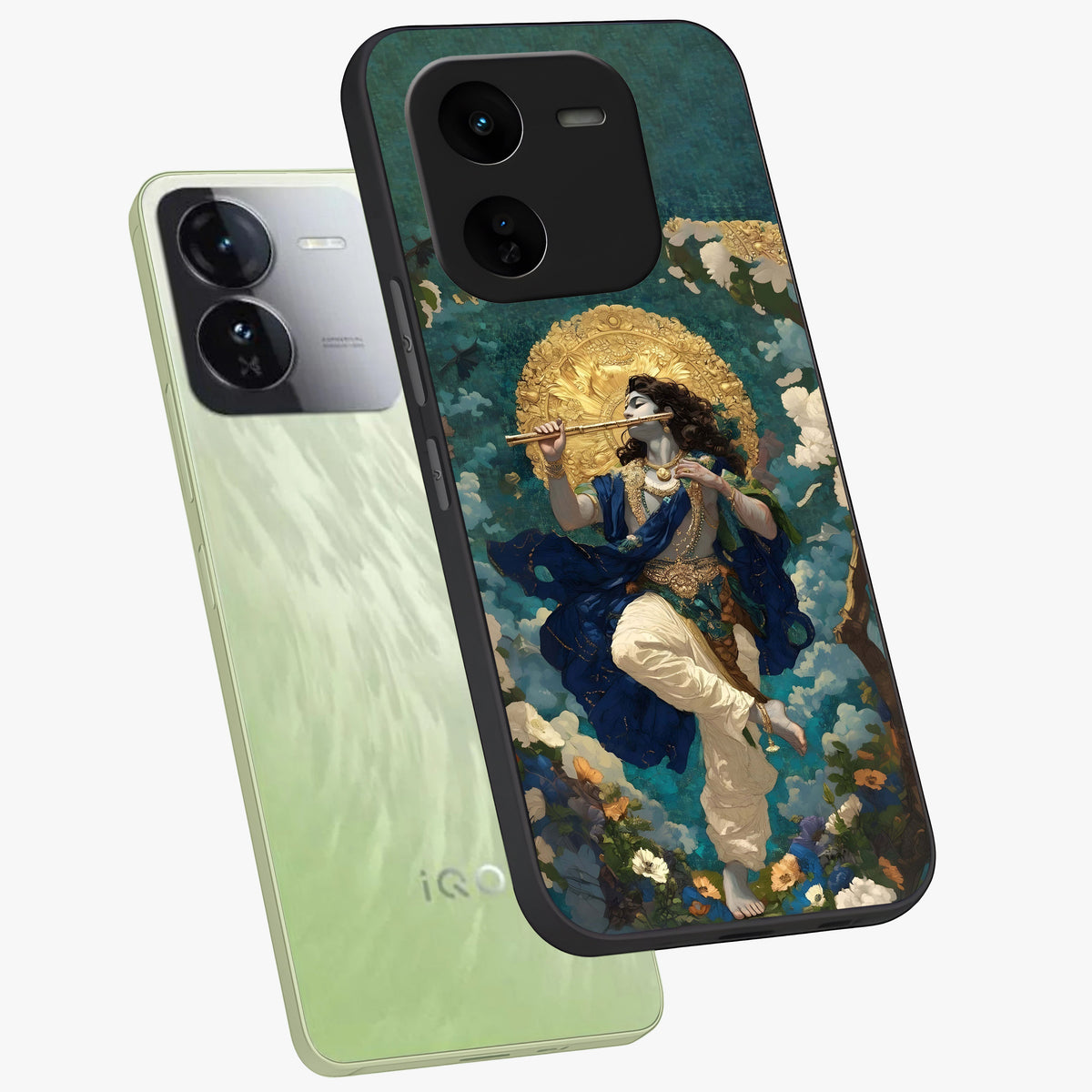 Divine Krishna Art Glass Case displayed in angled mockup highlighting spiritual Krishna illustration with devotional aesthetic.