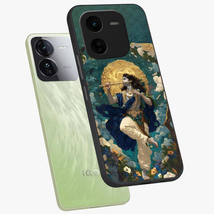 Divine Krishna Art Glass Case displayed in angled mockup highlighting spiritual Krishna illustration with devotional aesthetic.