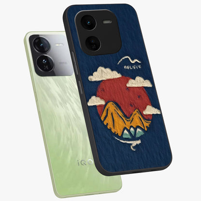 Dream Beyond Mountains Glass Case displayed in angled mockup highlighting dreamy mountain illustration with peaceful aesthetic.