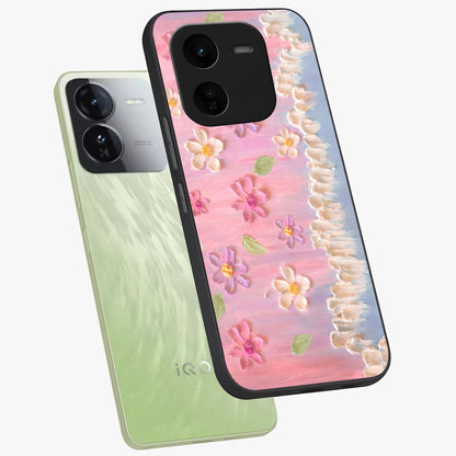 Dreamy Painted Garden Glass Case displayed in angled mockup highlighting colorful garden illustration with dreamy aesthetic style.