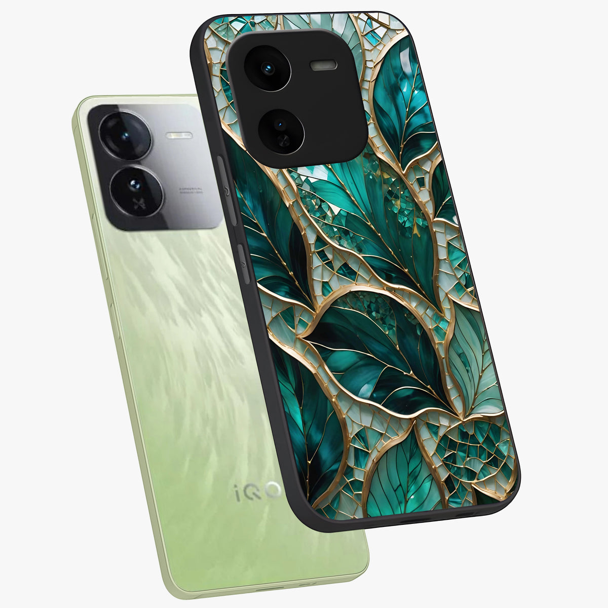 Emerald Leaf Glass Glass Case displayed in angled mockup highlighting botanical leaf illustration with elegant natural aesthetic.