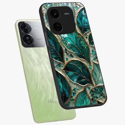 Emerald Leaf Glass Glass Case displayed in angled mockup highlighting botanical leaf illustration with elegant natural aesthetic.