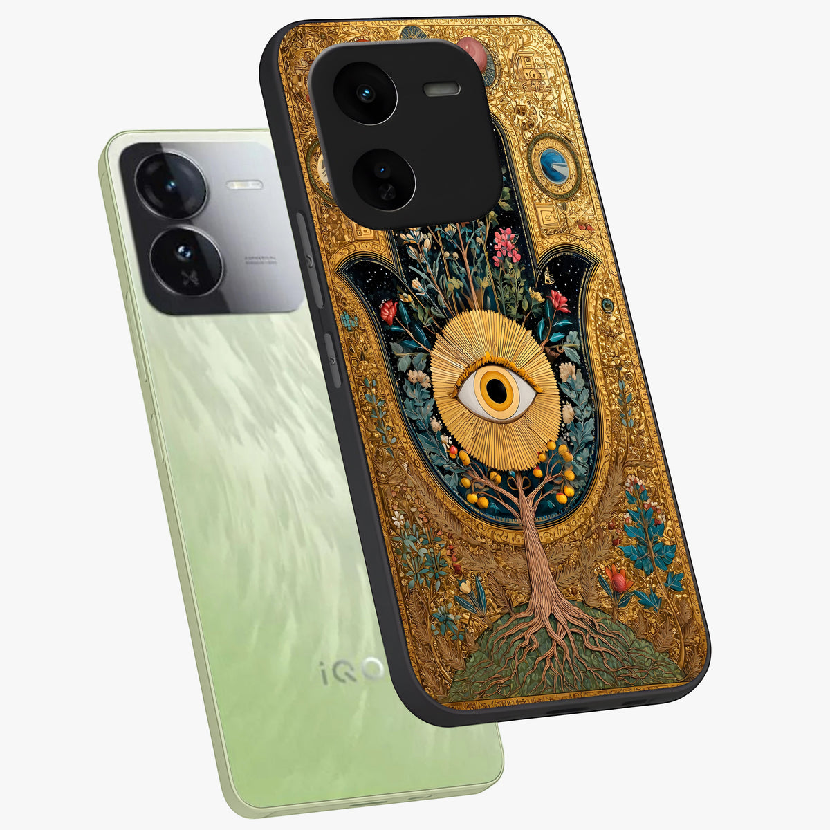 Ethereal Evil Eye Glass Case displayed in angled mockup highlighting protective evil eye symbol with spiritual aesthetic design.