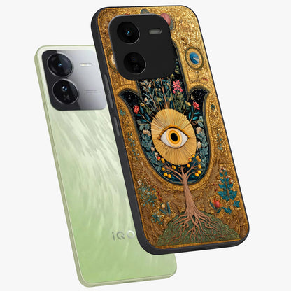 Ethereal Evil Eye Glass Case displayed in angled mockup highlighting protective evil eye symbol with spiritual aesthetic design.