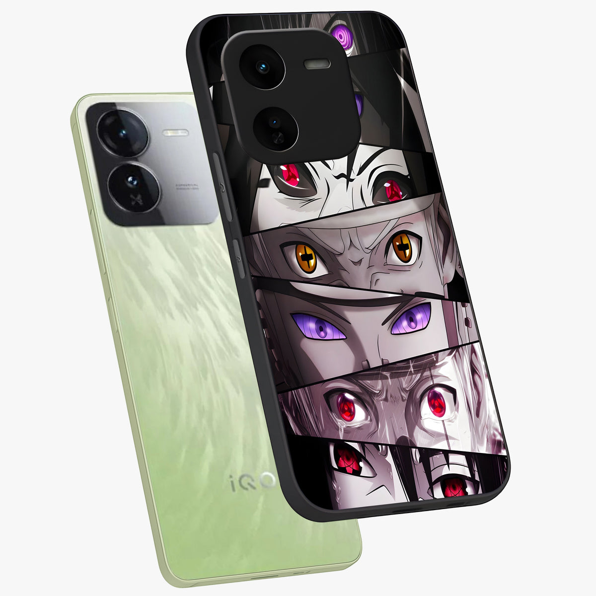 Eyes of Destiny Glass Case displayed in angled mockup highlighting bold eye illustration with mystical aesthetic style.