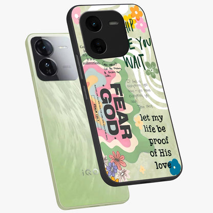 Faith Over Fear Glass Case displayed in angled mockup highlighting inspirational message design with modern aesthetic style.