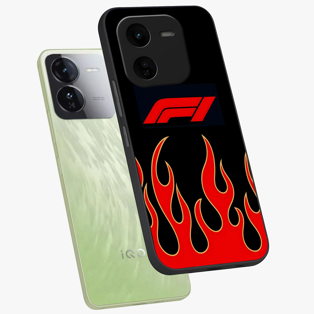 Fire F11 Glass Case displayed in angled mockup highlighting bold fire inspired graphic with energetic aesthetic style.