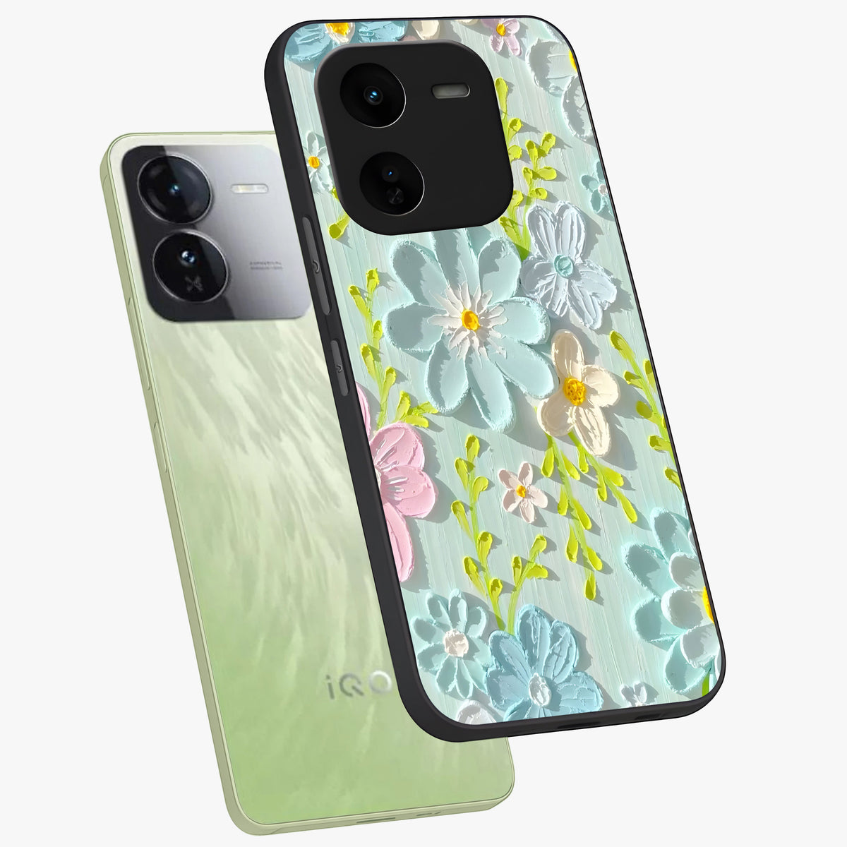Frosted Petal Garden Glass Case displayed in angled mockup highlighting delicate flower petal design with calm garden aesthetic.
