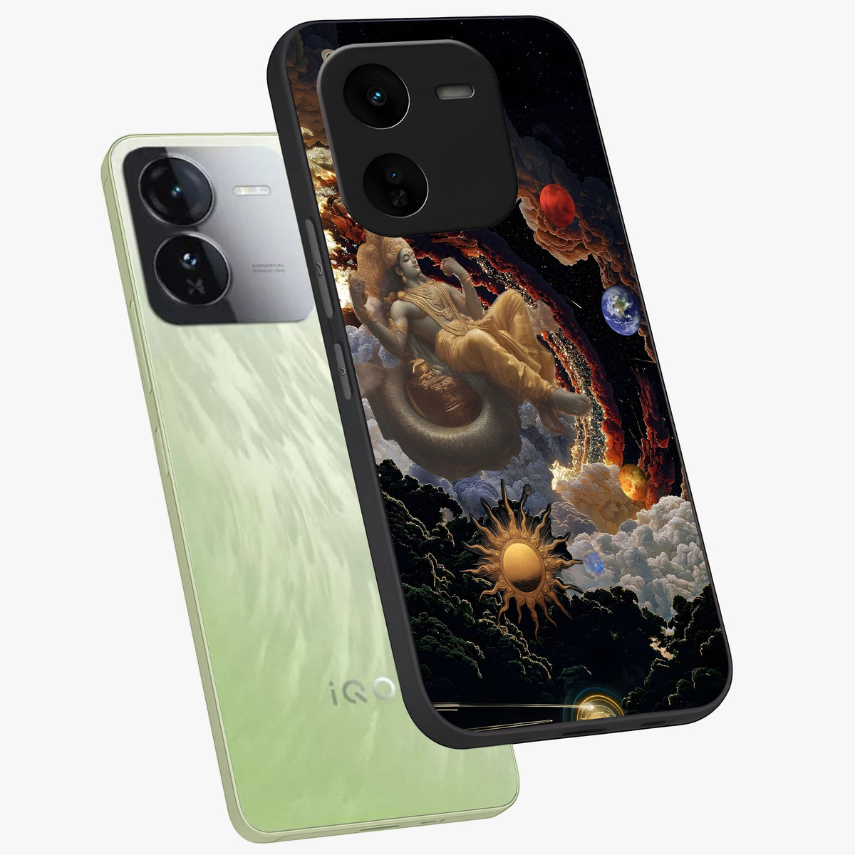 Galactic Divine God Glass Case displayed in angled mockup highlighting powerful celestial deity illustration with galactic aesthetic.