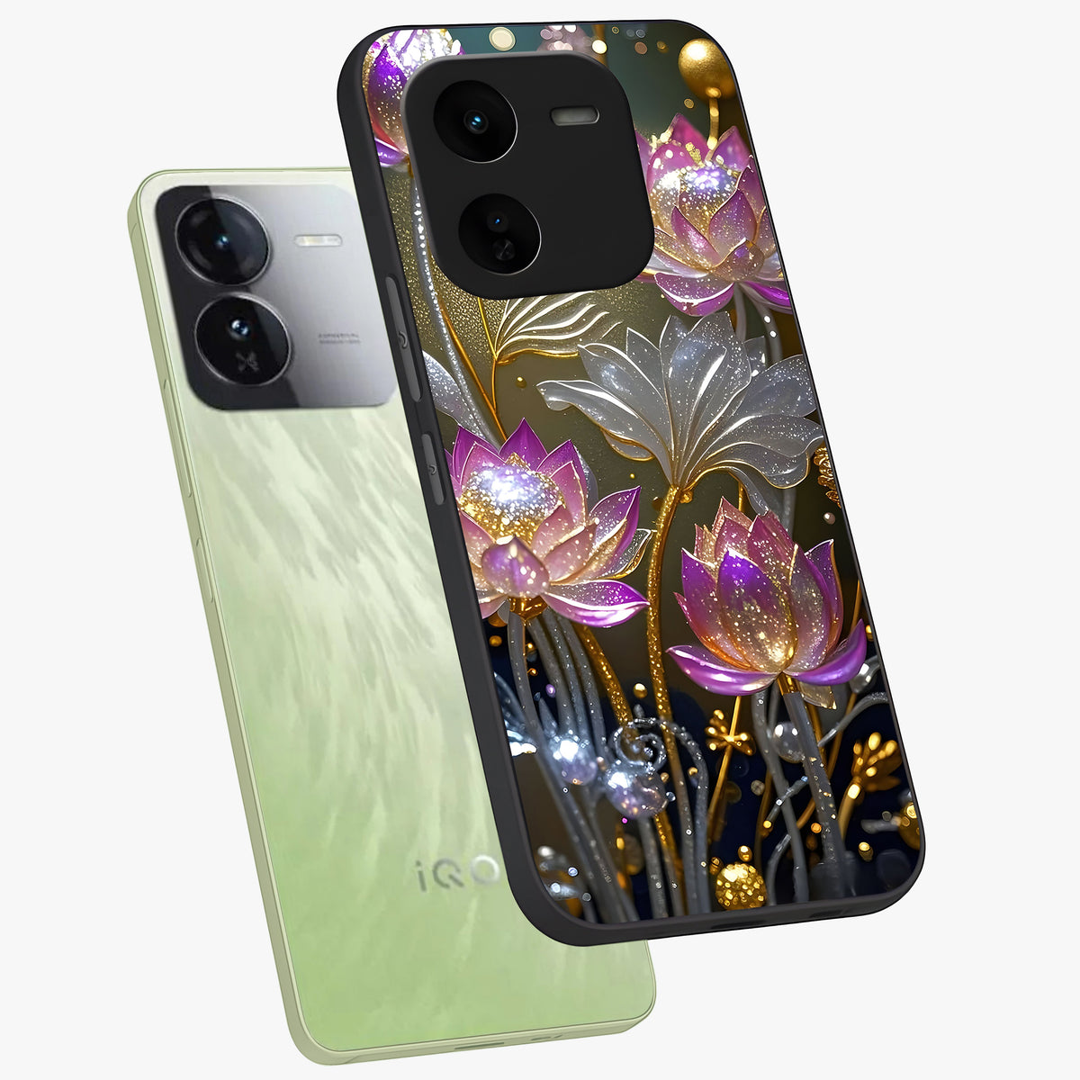 Golden Floral Majesty Glass Case displayed in angled mockup highlighting elegant flower design with royal golden aesthetic.