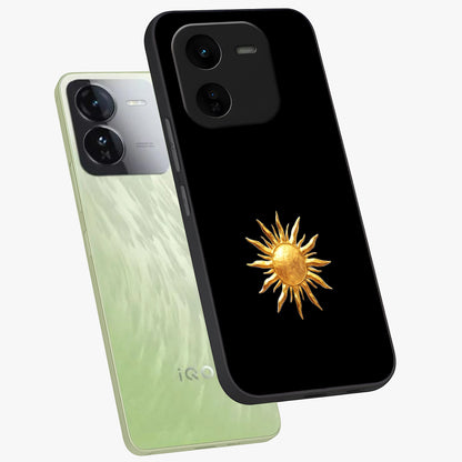 Golden Sun Minimalism Glass Case displayed in angled mockup highlighting eerie shadow illustration with gothic aesthetic.