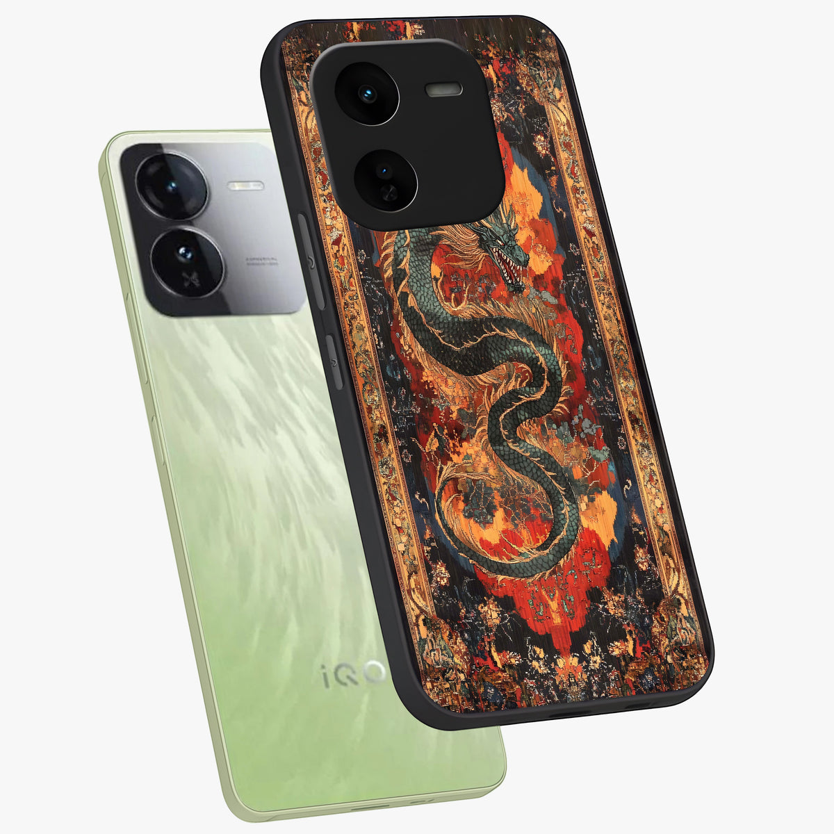Inferno Dragon Soul Glass Case displayed in angled mockup highlighting powerful dragon illustration with inferno aesthetic.