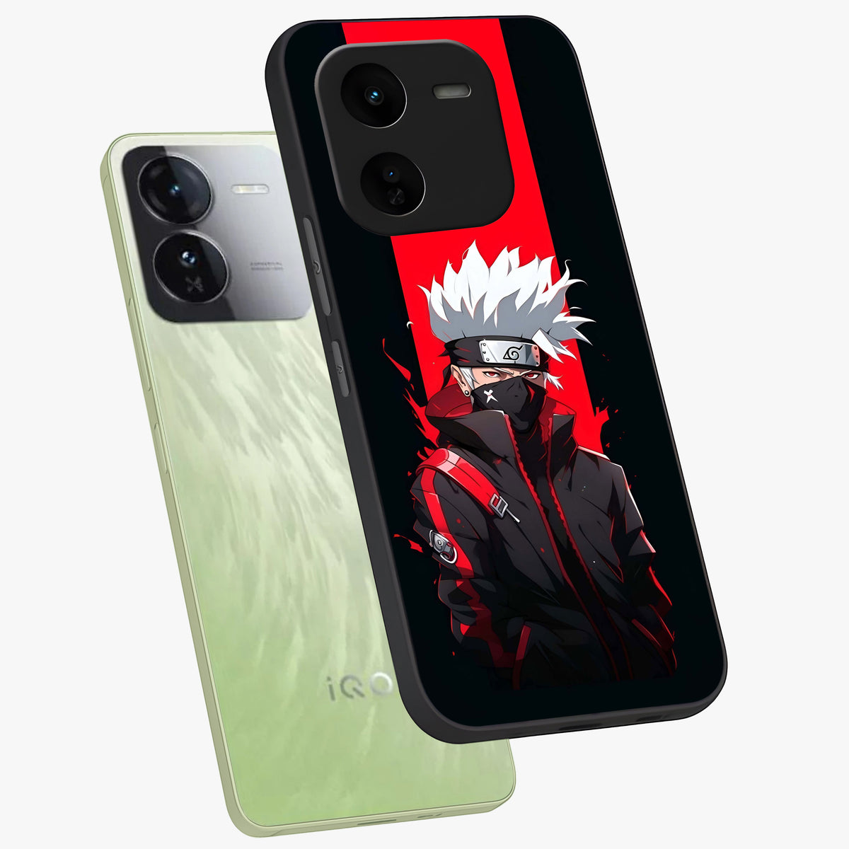 Kakashi Scarlet Shadow Glass Case displayed in angled mockup highlighting dramatic ninja illustration with scarlet themed aesthetic.