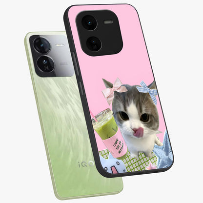 Love Matcha Cat Glass Case displayed in angled mockup highlighting playful feline illustration with cozy matcha aesthetic.