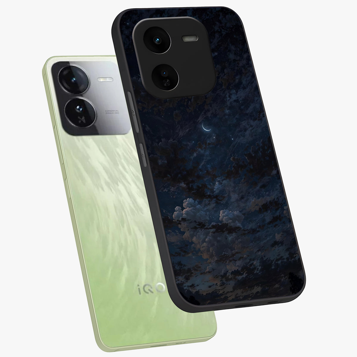 Lunar Veil Silence Glass Case displayed in angled mockup highlighting soft lunar design with peaceful celestial aesthetic.