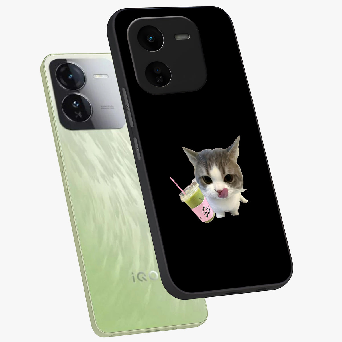 Matcha Cat Style Glass Case displayed in angled mockup highlighting playful feline design with pastel matcha aesthetic.