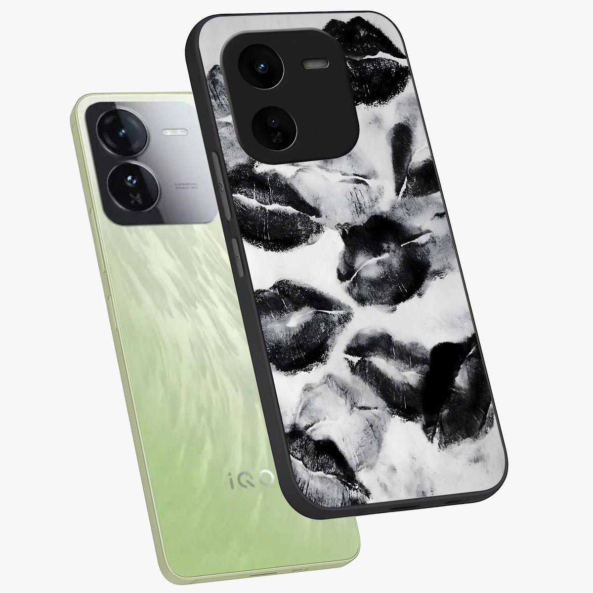 Midnight Kiss Marks Glass Case displayed in angled mockup highlighting playful romantic design with bold midnight aesthetic.