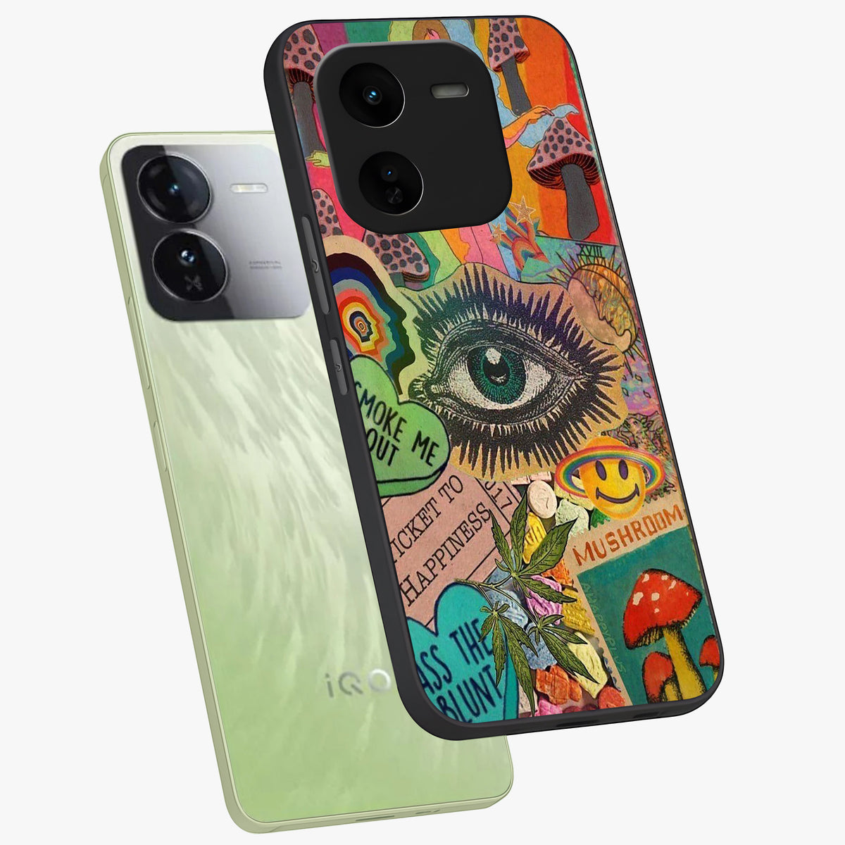 Mystic Eye Wonderland Glass Case displayed in angled mockup highlighting magical eye illustration with dreamy aesthetic.