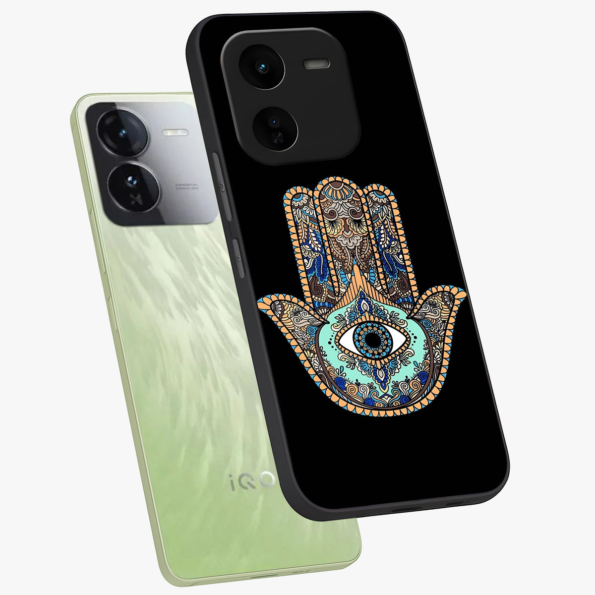 Mystic Hamsa Eye Glass Case displayed in angled mockup highlighting spiritual hamsa symbol with mystical aesthetic style.