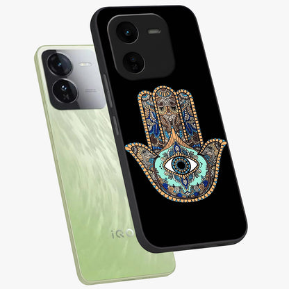 Mystic Hamsa Eye Glass Case displayed in angled mockup highlighting spiritual hamsa symbol with mystical aesthetic style.