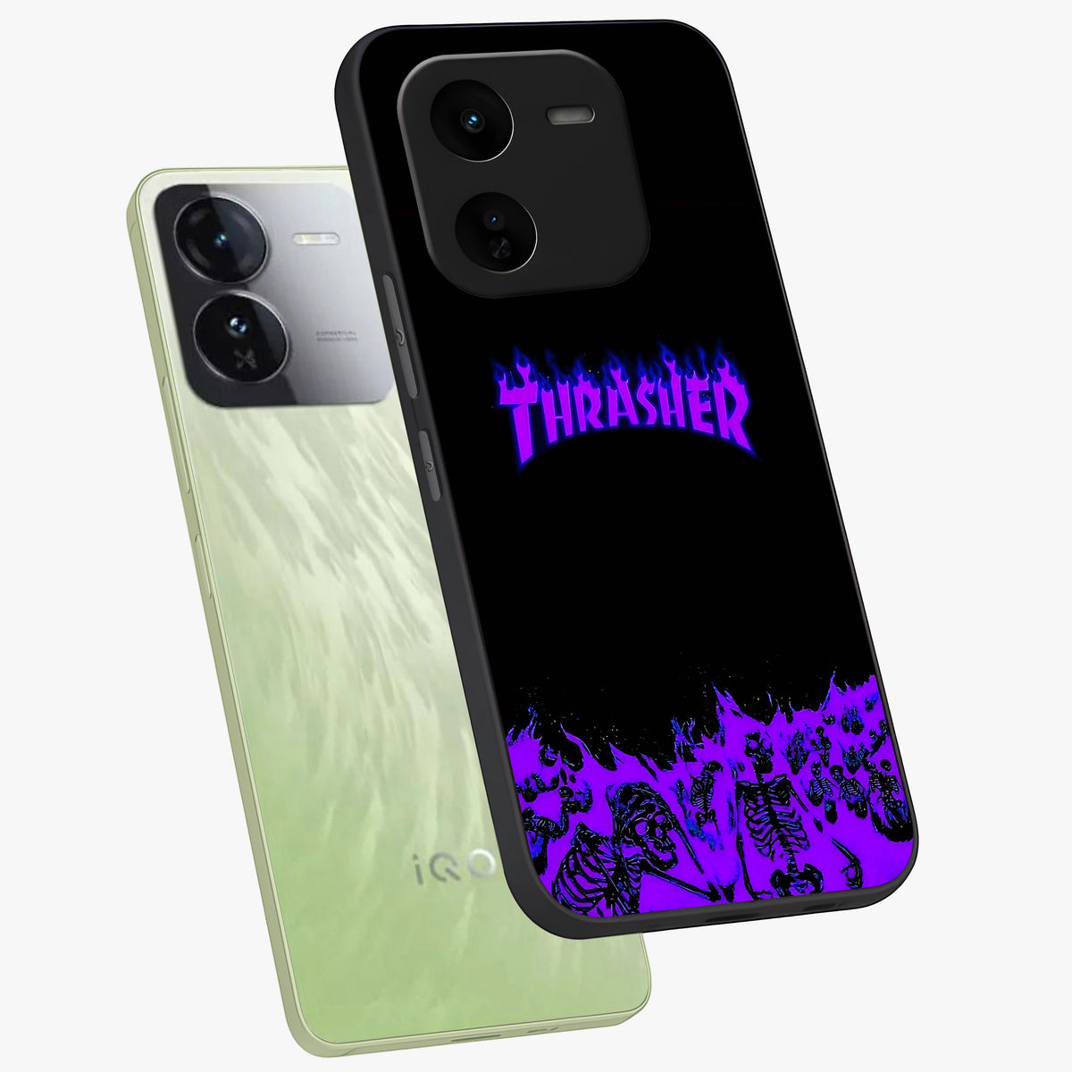Neon Flame Riot Glass Case displayed in angled mockup highlighting glowing flame design with vibrant neon aesthetic.