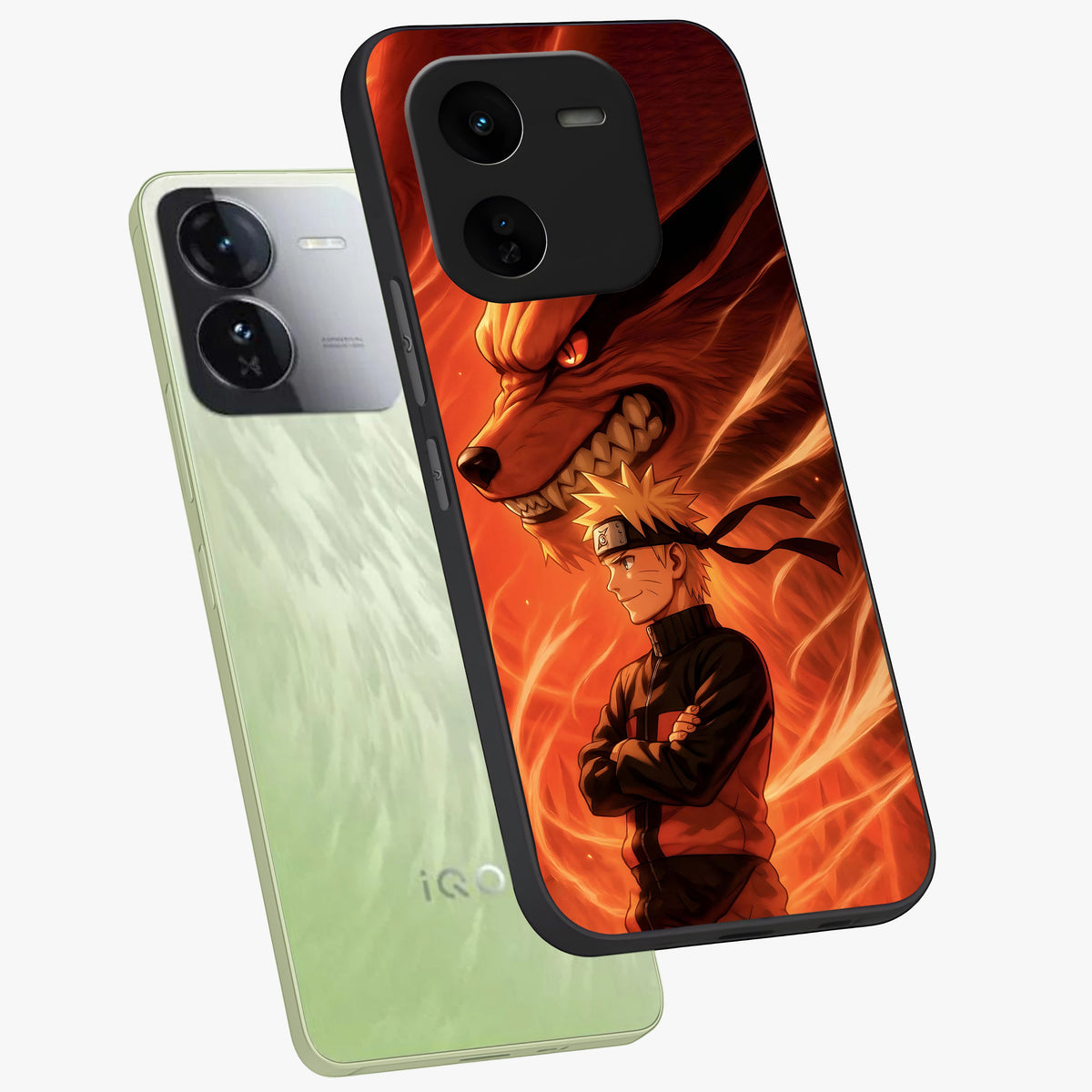 Nine Tails Legacy Glass Case displayed in angled mockup highlighting dynamic anime beast illustration with bold mystical aesthetic.