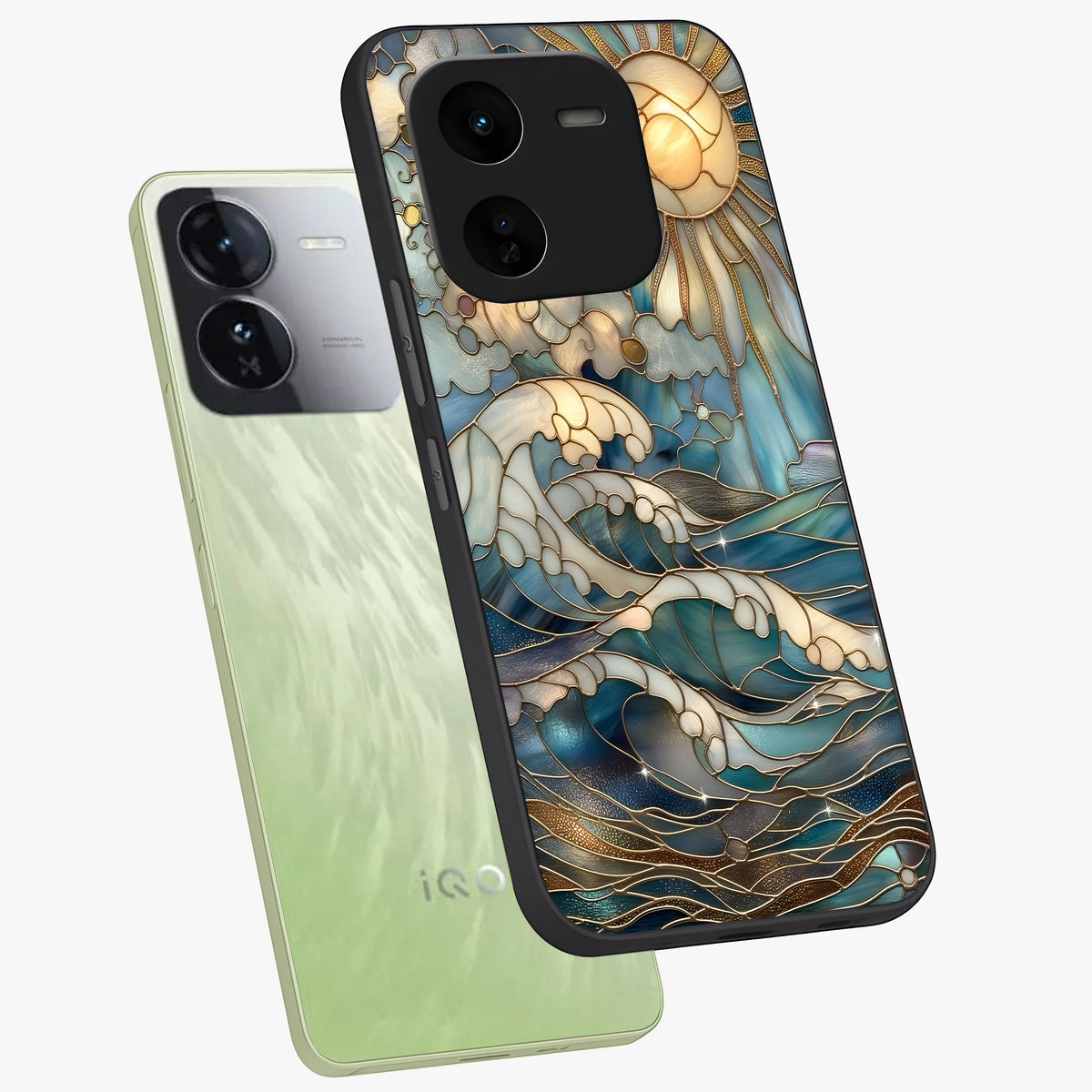 Oceanic Stained Printed Glass Case displayed in angled mockup highlighting colorful aquatic design with artistic aesthetic style.