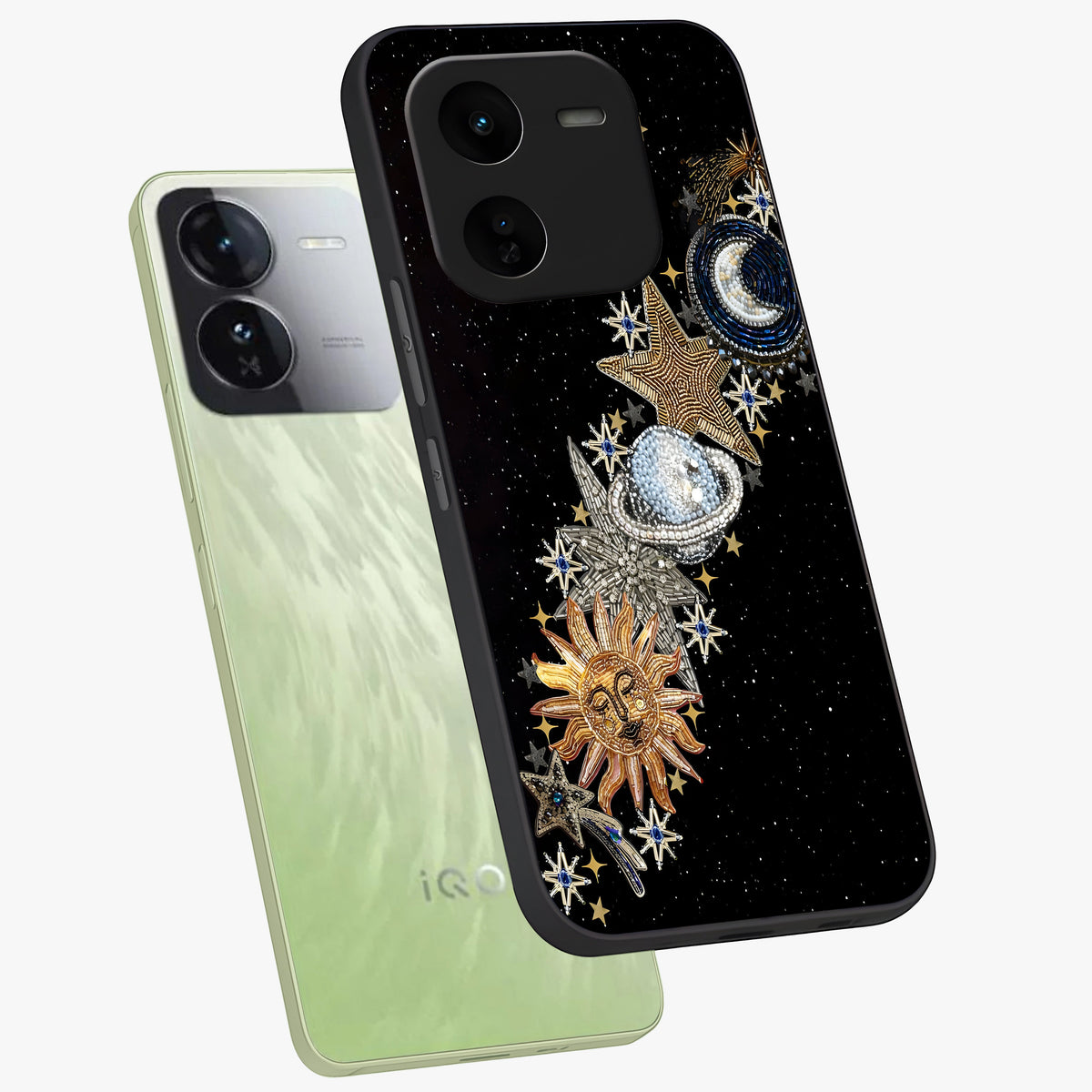 Pearls Universe Object Glass Case displayed in angled mockup highlighting celestial pearl design with dreamy aesthetic.