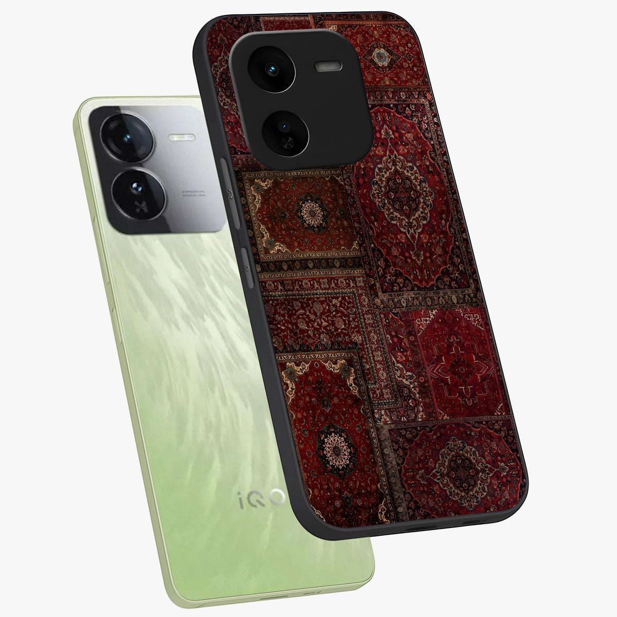 Persian Velvet Tale Glass Case displayed in angled mockup highlighting ornate textile inspired design with royal aesthetic.