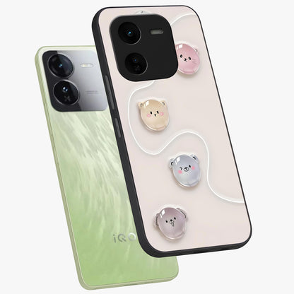 Puffy Face Parade Glass Case displayed in angled mockup highlighting playful cartoon face design with fun aesthetic.