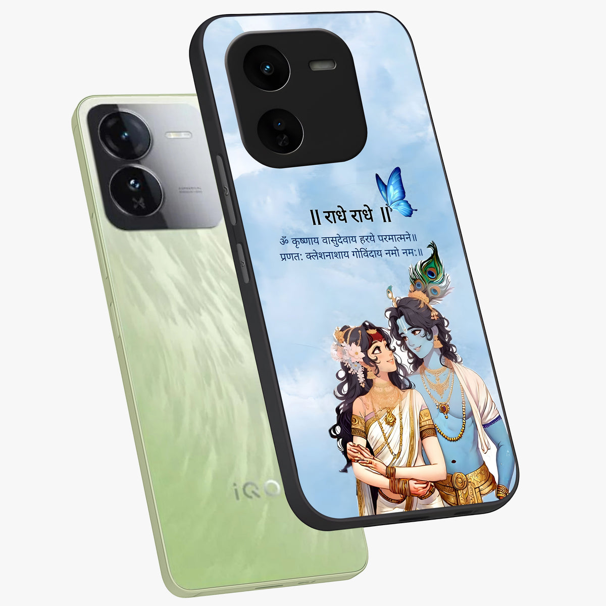 Radha Krishna Eternal Glass Case displayed in angled mockup highlighting divine Radha Krishna illustration with spiritual aesthetic.