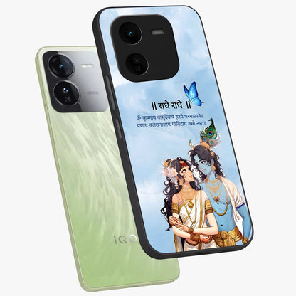 Radha Krishna Eternal Glass Case displayed in angled mockup highlighting divine Radha Krishna illustration with spiritual aesthetic.